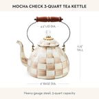 MACKENZIE-CHILDS Enamel Tea Kettle, Stylish Tea Kettle for Stovetop, Brown-and-White Mocha Check, 3 Quarts