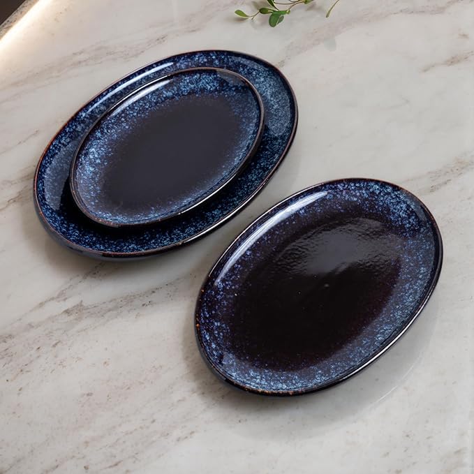 Ceramic Large Serving Platters- Set of 3 Oval Platters for Entertaining. Modern Kitchen Dishes for Dinner, Fruit, Salad, Turkey.Oven, Dishwasher Safe, 15.75"/13.75"/12",Speckled Bluish Purple