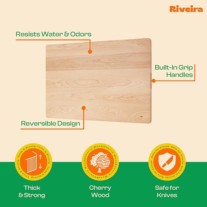 Riveira Cherry Wood Cutting Board – Gourmet Black Cherry Grandeur: 20 x 30 Wooden Cutting Board – Wooden Cutting Boards For Kitchen Decorative – Innovative Juice Grooves Cherry Wooden Chopping Board