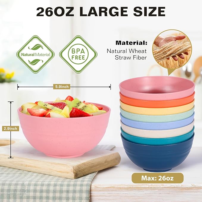 Cereal Bowls, 26 Oz Unbreakable Plastic Cereal Wheat Straw Bowl Sets of 8, Lightweight Microwave Dishwasher Safe Reusable BPA-Free for Kitchen Soup Salad Noodle Desert, Multicolor