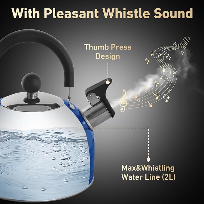 Lily's Home 2 Quart Stainless Steel Whistling Tea Kettle, the Perfect Stovetop Tea and Water Boilers for Your Home, Dorm, Condo or Apartment. (Blue)