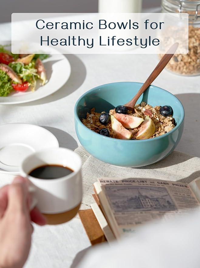 DOWAN 22 OZ Ceramic Soup Bowls & Cereal Bowls - 6" Classic Bowls Set of 4 for Soup, Cereal, Oatmeal, Fruit, Rice - Dishwasher & Microwave Safe (Turquoise)