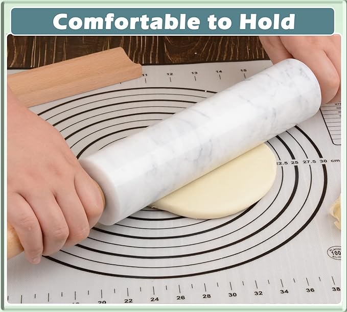 Marble Rolling Pin with Wooden Cradle Thick Handle Set for Baking,18.5 inch Premium Quality Polished Roller for Pizza Dough,Fondant,Pie Crust,Non-Stick Surface Easy to Clean(White)