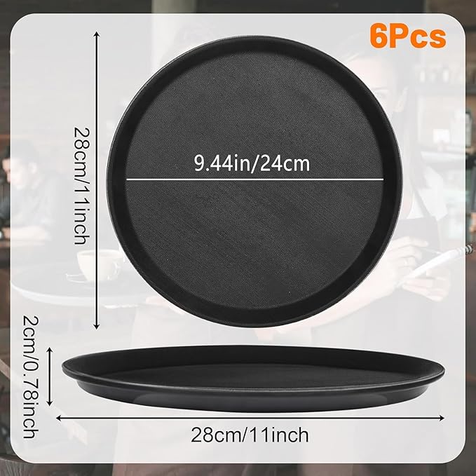 6 Pieces Restaurant Serving Tray, Non Slip Surface Round Tray Plastic Food Meals Server with Raised Edges for Home, Kitchen, Restaurant, Cafeteria, Bar, Hotel (Black, 6 Pcs 11 Inch)