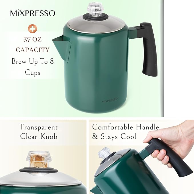 Mixpresso Green Stainless Steel Coffee Percolator Stovetop, 37oz Classic Percolator Coffee Pot, Great For Camping Pot, 5-8 Cup Stove Top Espresso Maker, Cool-Touch Handle