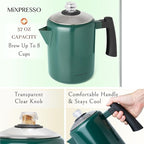 Mixpresso Green Stainless Steel Coffee Percolator Stovetop, 37oz Classic Percolator Coffee Pot, Great For Camping Pot, 5-8 Cup Stove Top Espresso Maker, Cool-Touch Handle