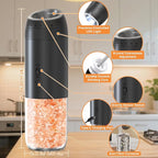 Gravity Electric Salt and Pepper Grinder Set Rechargeable, External Adjustable Coarseness, Automatic Salt and Pepper Shakers Mill with LED Light, 6oz/176ml Large Capacity, House Warming Gifts (2 Pack)