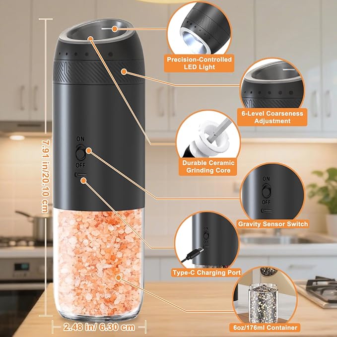 Gravity Electric Salt and Pepper Grinder Set Rechargeable, External Adjustable Coarseness, Automatic Salt and Pepper Shakers Mill with LED Light, 6oz/176ml Large Capacity, House Warming Gifts (1 Pack)