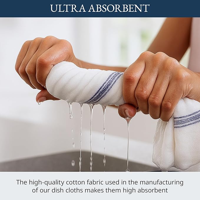 LANE LINEN Kitchen Towel Set - 24 Pack 100% Natural Cotton Absorbent Dish Towels for Kitchen, Reusable Wash Cloths, Machine Washable Hand Cloth, 14"x25", Soft & Durable - Blue Stripe