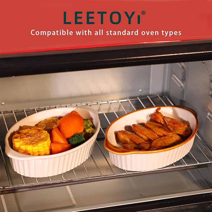 LEETOYI Porcelain Small Oval Au Gratin Pans,Set of 4 Baking Dish Set for 1 or 2 person servings, Bakeware with Double Handle for Kitchen and Home (White/Brown)