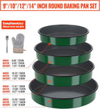 Round Baking Cake Pans Set Roasting Dish 4-Pack 9/10/12/14 Inch Enamel Non Stick Large Cookware for Cake Bread Pie Pizza Turkey Steak, Non-Toxic Carbon Steel Oven Dishwasher Safe Christmas Bakeware
