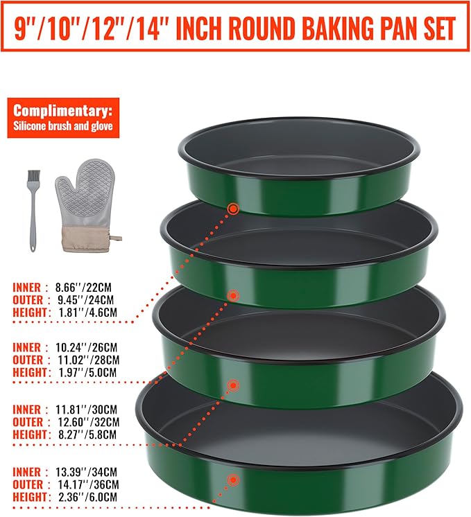 Round Baking Cake Pans Set Roasting Dish 4-Pack 9/10/12/14 Inch Enamel Non Stick Large Cookware for Cake Bread Pie Pizza Turkey Steak, Non-Toxic Carbon Steel Oven Dishwasher Safe Christmas Bakeware