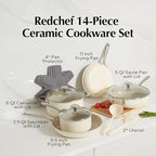 Redchef Ceramic Nonstick Cookware Set,14pcs Pots and Pans Set Non Stick,Induction Cookware with Stainless Steel Handle,Non Toxic Kitchen Cooking Set,Dishwasher & Oven Safe,PFAS PFOA & PTFE Free