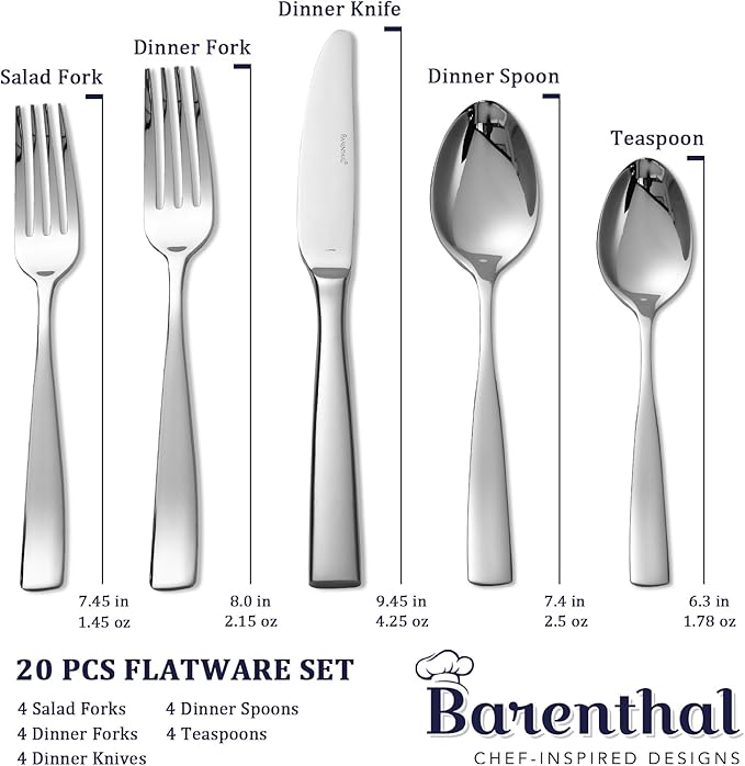 Silverware Set for 4, Barenthal 20 Piece Luxury Heavy Duty Silverware Flatware Set, Mirror Finish, Dishwasher Safe, Premium 18/10 Stainless Steel Cutlery Set for Home, Kitchen, Wedding, Party, Gift