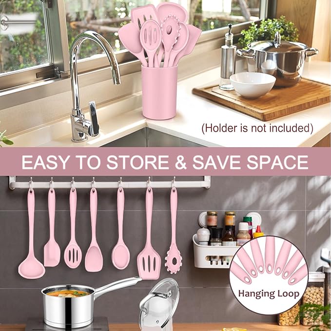 P&P CHEF Silicone Cooking Utensils Set of 7, Heat-proof Kitchen Utensils Set for Nonstick Cookware, Non-stick Spatula, Slotted Turner, Soup Ladle, Pasta Server, Spoon for Cooking Serving - Pink