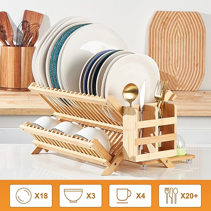 Bamboo Dish Drying Rack for Kitchen - Collapsible 3-Tier Wooden Folding Drainer with Utensil Holder and Dish Strainer Board for Countertop, Sink, and Racks Dryer (Natural)