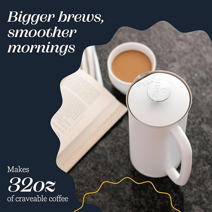 ESPRO P7 French Press Coffee Maker - Double-Walled Stainless Steel Insulated with Micro-Filter, 32 Ounces, Matte White
