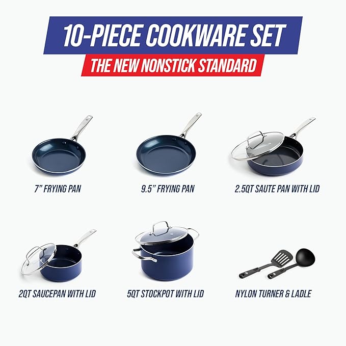 Blue Diamond 10 Piece Nonstick Cookware Set, Diamond Ceramic Pots & Pans, Dishwasher & Metal Utensil Safe, Non Toxic PFAS-Free, Kitchen Cooking Sauce & Saute Pans, Oven & Broiler to 600F, Blue