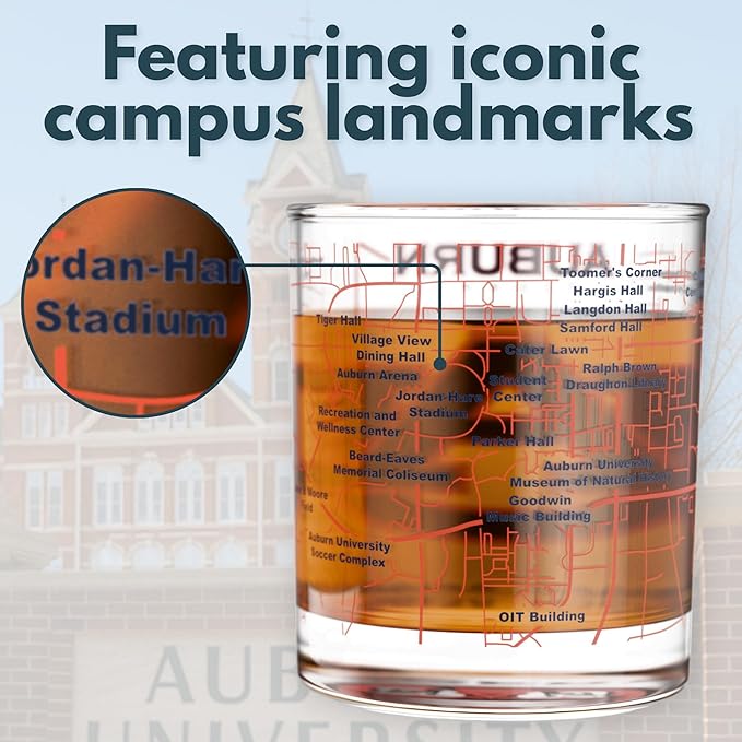 Greenline Goods – University of Auburn Tigers College Whiskey Glasses (Set of 2), 10 oz – Full-Color Logo + Campus Map