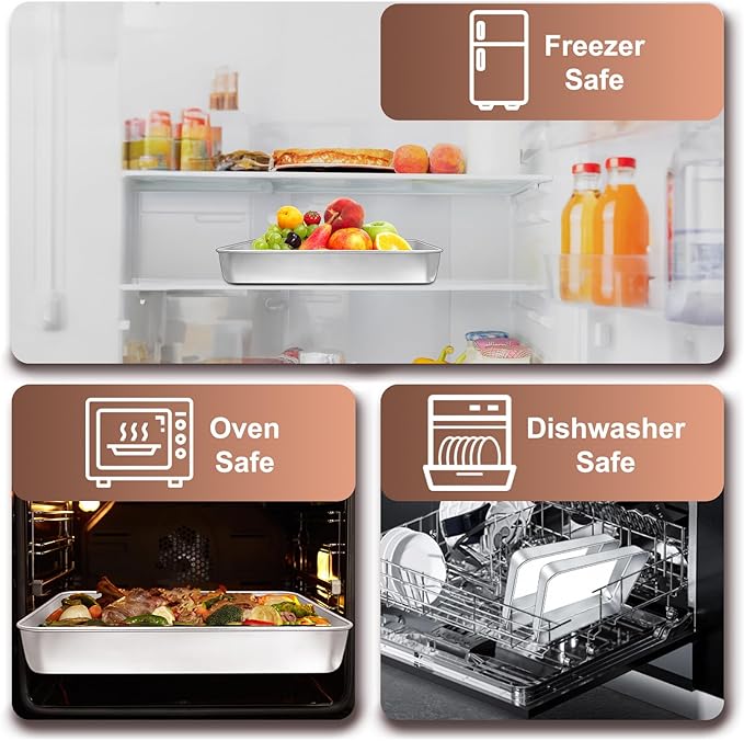 EWFEN 12 Inch Rectangular Cake Pan Set of 2, Stainless Steel Deep Baking Pan for Lasagna Brownies Casseroles, Metal Cookie Tray Fits in Toaster Oven, Rust-resistant, Dishwasher Safe