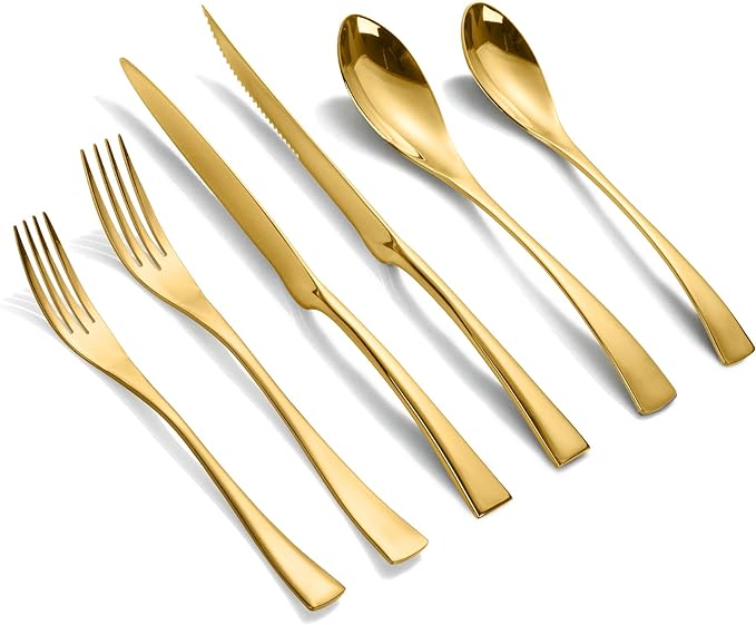 Lemeya 24-Piece Gold Silverware Set with Steak Knives,Forged 18/10 Stainless Steel Cutlery Set for 4,Modern Heavy Duty Flatware Utensils Set,Fork Spoon and Knives Set, Mirror Polished,Dishwasher Safe