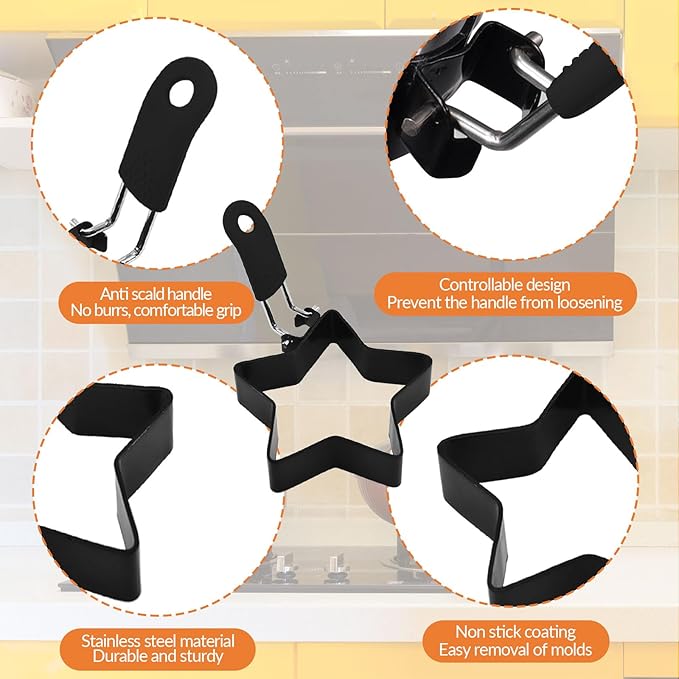 4 Pack Egg Poachers Rings, Stainless Steel Egg Cooking Rings, Round Pancake Mold for Frying Eggs, Omelet and Muffins, Non-stick Fried Egg Mold Ring, 4 Shapes