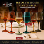 European Style Plastic Crystal, Stemmed Wine Glasses | Set of 6 | Acrylic Tritan Drinkware, Unbreakable Muted Color Shatterproof BPA-free, Reusable, Floating Pool & Indoor & Outdoor, Hand Wash 15oz