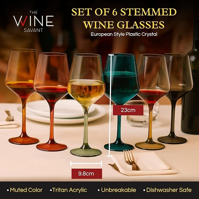 European Style Plastic Crystal, Stemmed Wine Glasses | Set of 6 | Acrylic Tritan Drinkware, Unbreakable Muted Color Shatterproof BPA-free, Reusable, Floating Pool & Indoor & Outdoor, Hand Wash 15oz