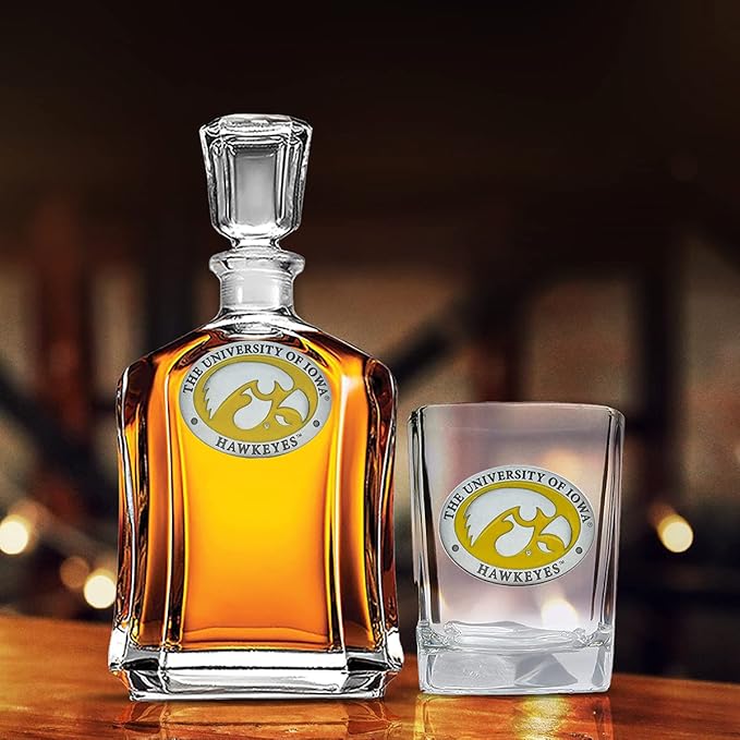 Heritage Pewter University of Iowa Square Collector's Glass | Hand-Sculpted 1.5 Ounce Glassware | Intricately Crafted Metal Pewter Alma Mater Inlay