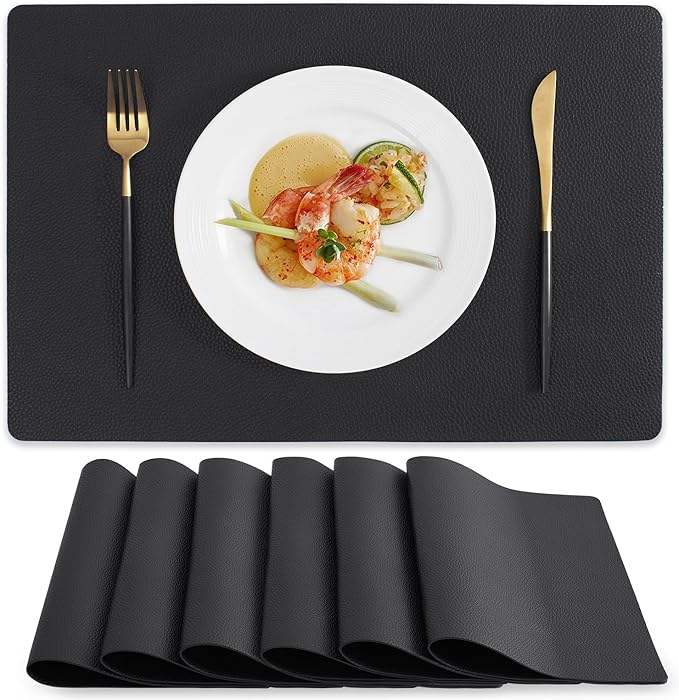 MOSAYT Vinyl Placemats Set of 6, Heat Resistant Place Mats 100% Waterproof Washable & Wipeable Faux Leather Reversible Table Mats for Kitchen Dining Party Indoor Outdoor, 12" x 17", Black