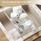 Stainless Steel Extendable Dish Drying Rack - Over Sink, Vegetable & Fruit Rinse Rack, Foldable, Space-Saving, Premium 304 Stainless Steel