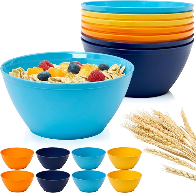US Acrylic Wheat Straw Unbreakable 28 oz. Stackable Cereal Bowls for Snacks & Ice Cream in Assorted Colors (Set of 8) 6-inch Reusable, BPA-Free, Dishwasher Safe Dinnerware, Made in USA