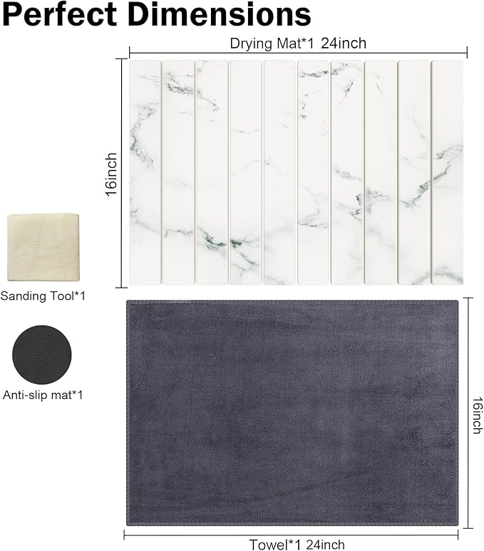 Stone Dish Drying Mat for Kitchen Counter,24"(L)×16"(W) Collapsible Fast-Drying Diatomaceous Earth Mats with Towel Sanding Tool,Versatile Stone Drying Mats for Cups Dishes Bottles