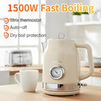 Retro Electric Kettle, 1.7L 304 Stainless Steel Tea Kettle with Temperature Gauge, 1500W Fast Boiling Water Boiler,Auto Shut-Off & Boil-Dry Protection, BPA-Free, Beige