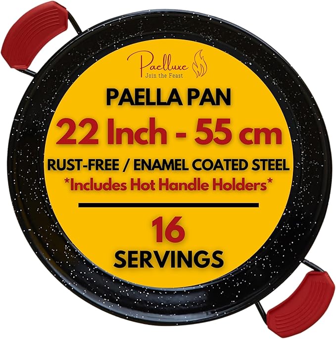 Paella Pan – Enamelled, No-Rust Steel Skillet – Easy-to-Clean Pan for Propane & Gas Burners – Indoor & Outdoor Cooking Cacerola Paellera Sarten – 22 Inch, for 16 Servings