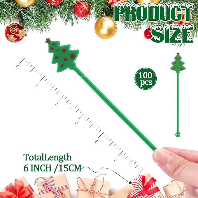 Chengu 100 Pcs Christmas Drink Stirrers Xmas Stir Sticks Bulk Holiday Coffee Stirrers Plastic Swizzle Stick Hot Cocoa Bar Supplies Chocolate Decoration Reusable Cocktail Mixer(Christmas Tree)