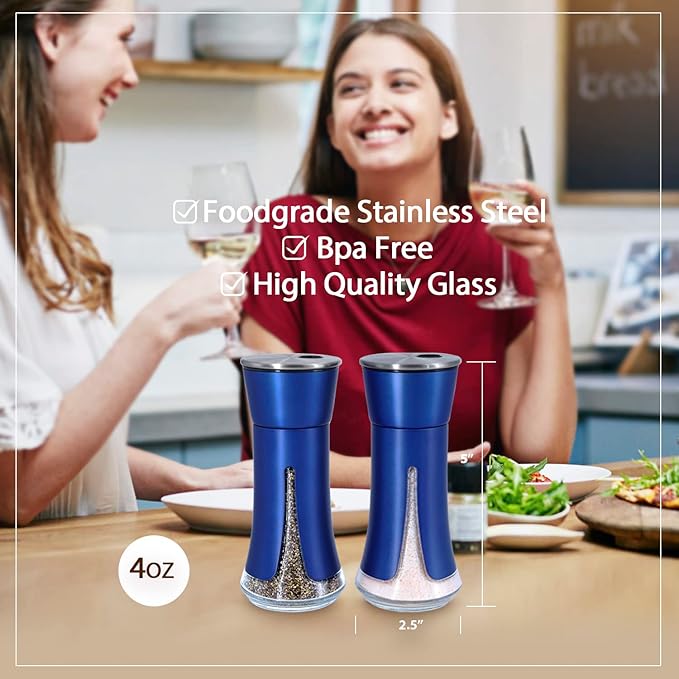 Blue Salt and Pepper Shakers by Aelga, Salt Shaker with Adjustable Pour Holes, Blue Kitchen Accessories, Decor for Kitchen,Restaurants,Camp,BBQ