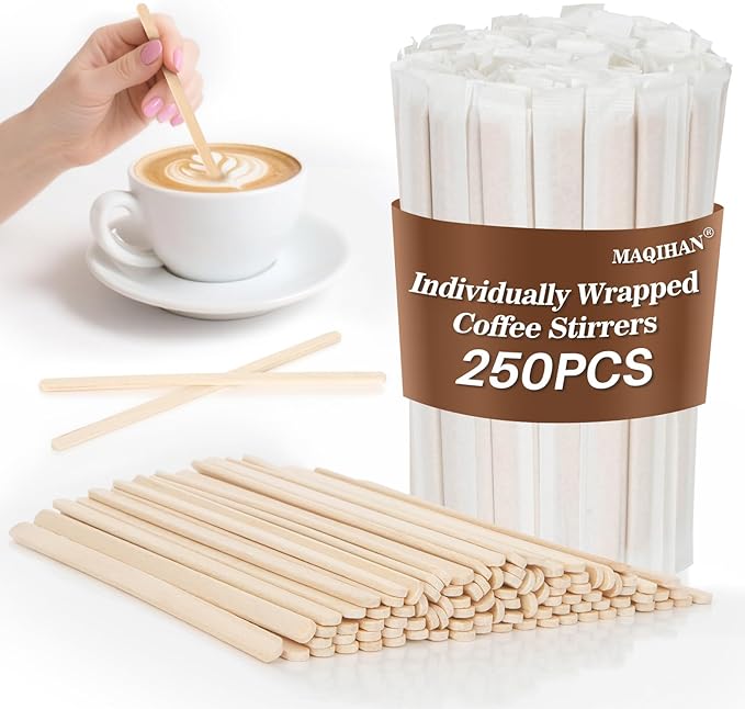 MAQIHAN 250PCS Individually Wrapped Wooden Coffee Stirrers - 5.5 Inch Biodegradable Beverage Stir Sticks for Hot & Cold Drinks, Eco-Friendly Disposable Coffee Sticks for Office, Home, Café