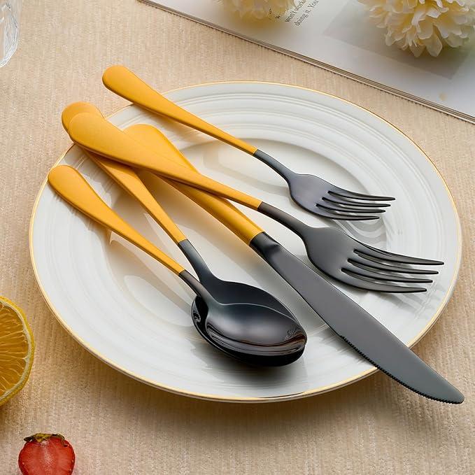 20-Piece Black Silverware Set 18/0 Stainless Steel Silverware Set Yellow Handle Cutlery Set Service for 4 Dinner Knives Forks Spoons Set Flatware Set Finish Dishwasher Safe（Black and Yellow）