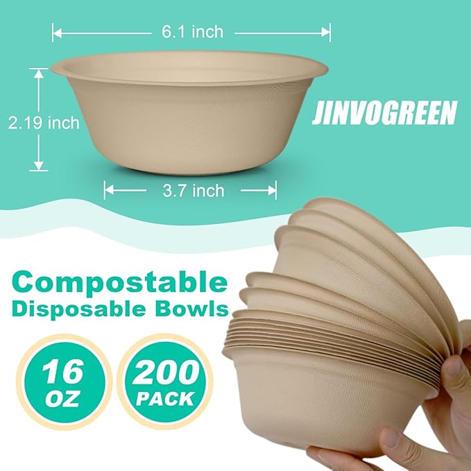 200 Count 16 oz Paper Bowls, Disposable Compostable Bowls, Heavy Duty Biodegradable Sugarcane Bagasse Bowl for Breakfast, Salad, Fruits, Desserts, Natural