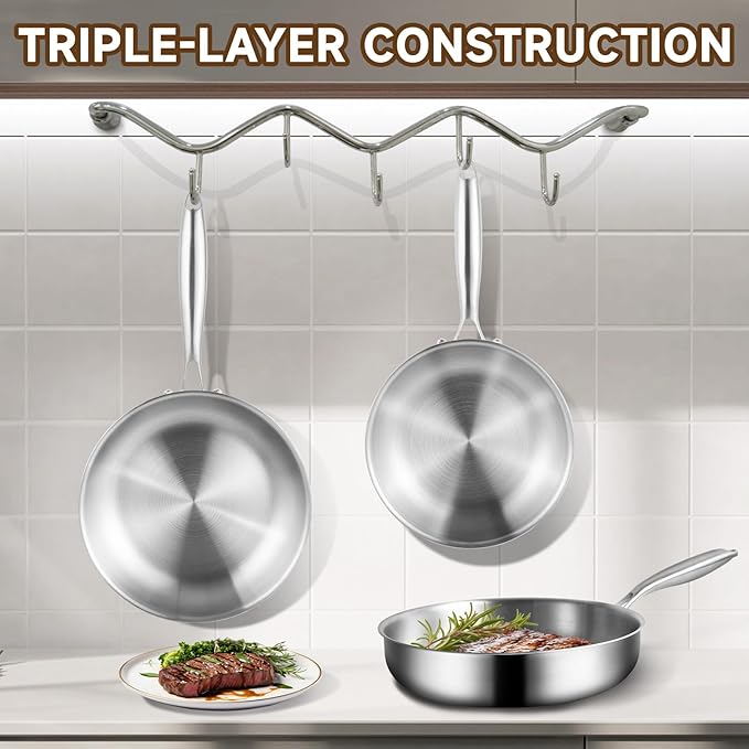 GOLDEN KEY Tri-Ply Stainless Steel Frying Pan with Lid,12 inch Skillets and Frying Pans,Stainless Steel Cookware Oven Safe 600F, Fast & Even Heat,Compatible with All Cooktops,Dishwasher Safe