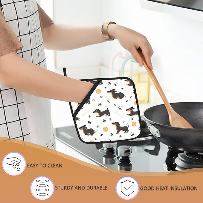 Funny Dachshund Pot Holders Set of 2 Heat Resistant Potholders,Fire Oven Hot Pads for Kitchen Cooking Baking Barbecue