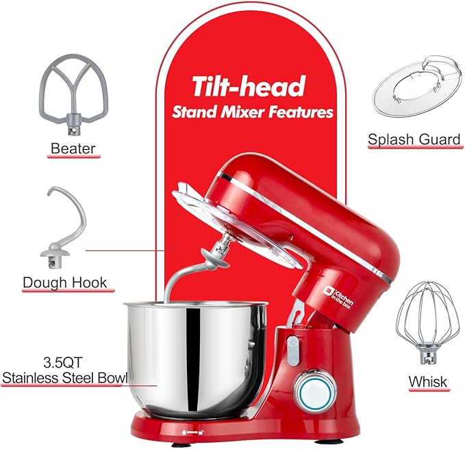 Kitchen in the Box Stand Mixer, 3.5 QT Small Kitchen Electric Stand Mixers, 10-Speed Portable Lightweight Dough Mixer for Daily Use with Egg Whisk, Dough Hook, Beater (Red)