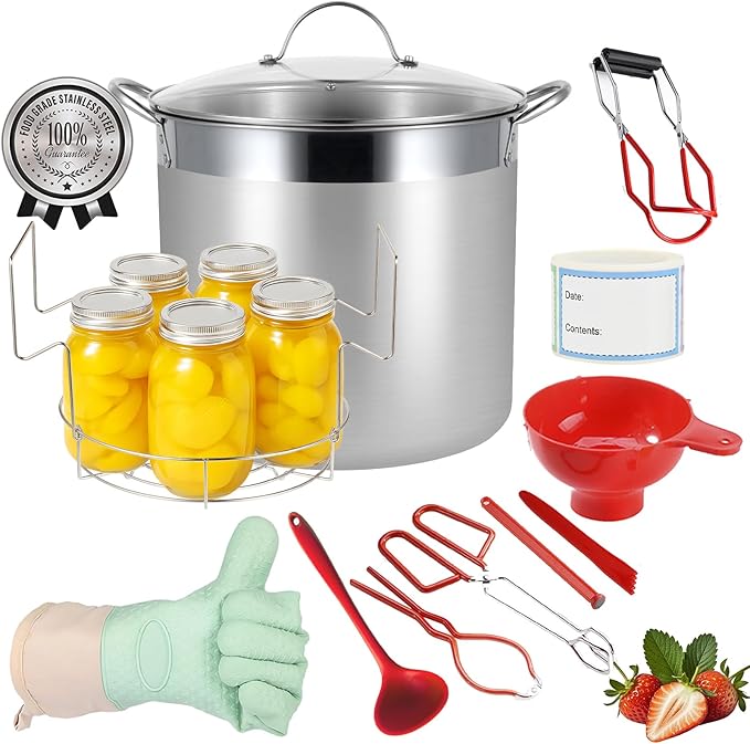 Stainless Steel Canning Pot with Rack and Lid, Large Water Bath Canner, Full Home Canning Supplies Starter Kit (20.5 Quarts, Red)