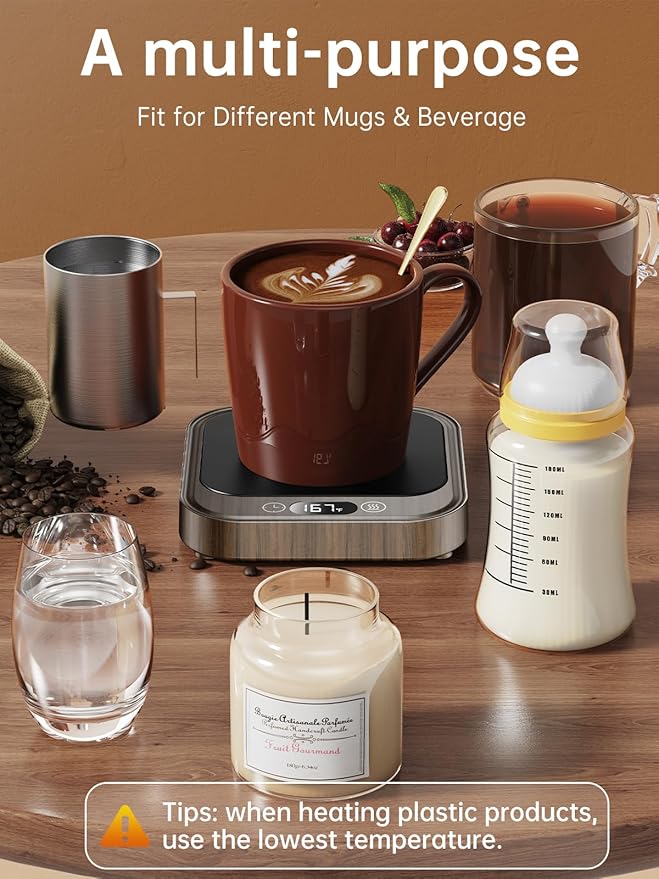 Mug Warmer - 40W Coffee Cup Warmer for Desk with Auto Shut Off, Smart Electric Candle Warmer with 4 Temp & Time Settings, Coffee Gifts for Beverage, Tea, Water, Milk in Home & Office (Wood)