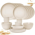 Wheat Straw Dinnerware Sets for 6, Osonm 24PCS Unbreakable Reusable Plastic Plates Bowls Cups Set, Dishwasher Microwave Safe Dishes Set for Kitchen, Dorm, Camping, RV, Picnic (Beige)