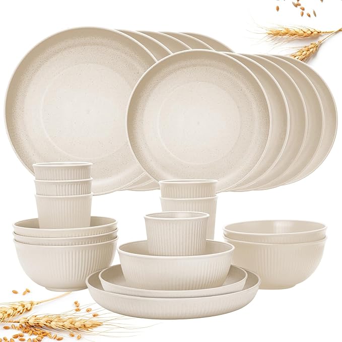 Wheat Straw Dinnerware Sets for 6, Osonm 24PCS Unbreakable Reusable Plastic Plates Bowls Cups Set, Dishwasher Microwave Safe Dishes Set for Kitchen, Dorm, Camping, RV, Picnic (Beige)