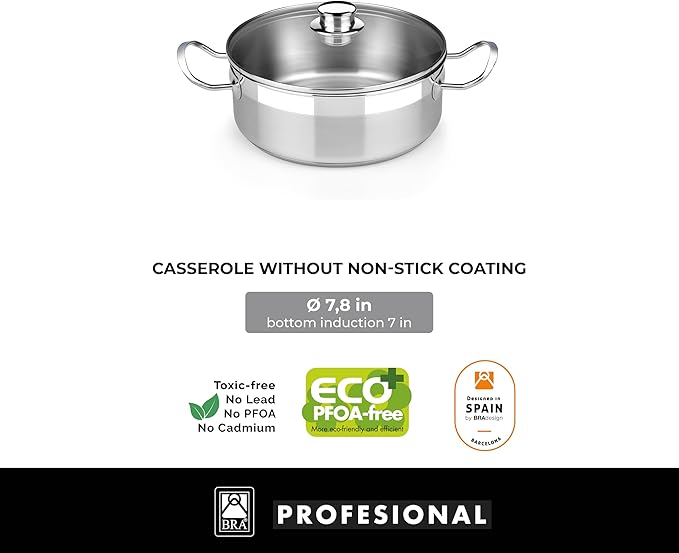 BRA COOKWARE Profesional 8-Piece Stainless Steel Cookware Set | Professional Pots & Pans Set | Kitchen Set w/ 2 Pots, 1 Sauté Pan, 2 Frying Pans, 3 Lids | All Heat Sources Compatible | PFOA Free
