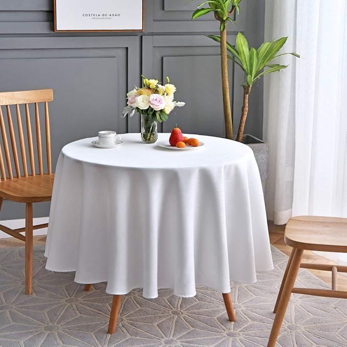 maxmill Round Jacquard Tablecloths Swirl Pattern Spillproof Wrinkle Free Heavy Weight Soft Table Cloth for Circular Table Cover of Buffet Banquet Parties Holiday Dinner Round 90 Inch White