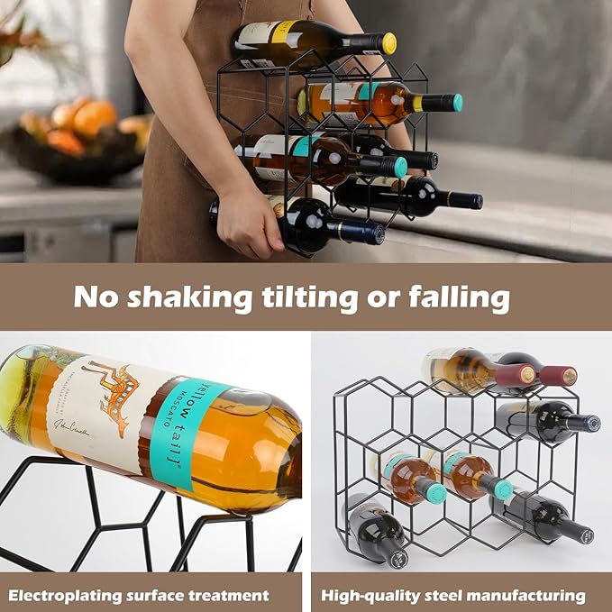 Black Wine Rack Countertop 14 Bottles, Geometric Stainless Steel Wine Bottle Holder,3 Tier Wine Racks for Cabinet Pantry Bar Table No Assembly Required